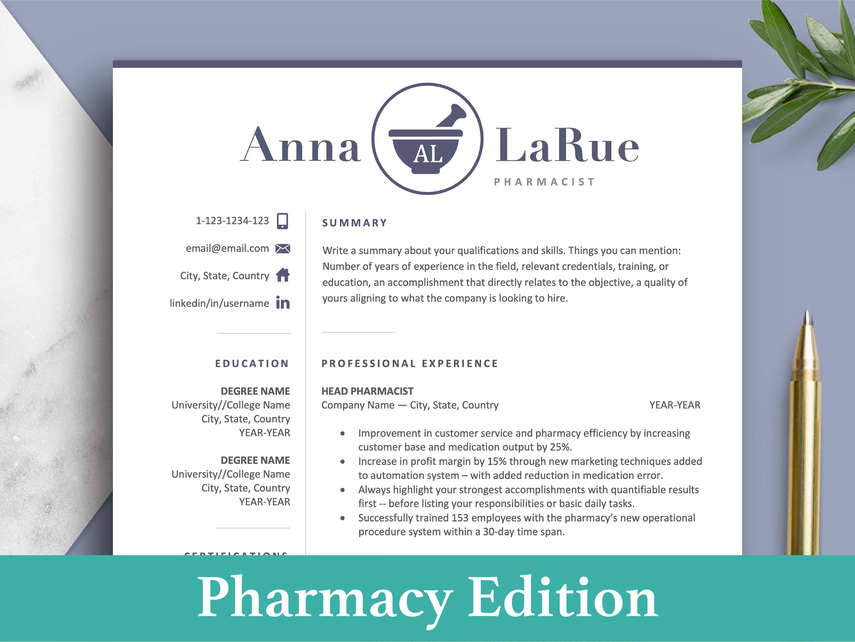 Pharmacy Resume Template, Pharmacist Technician Resume Design, Pharmacy