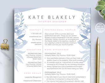 Creative Resume CV Template + Matching Cover Letter | Floral Resume Bundle Download for Fashion Stylist Blogger Artist Retail Designer