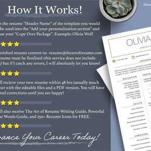 May include: A light blue resume template with gold accents. The template includes a section for the candidate's name, contact information, professional summary, education, skills, and professional experience. The text "How It Works!" is at the top of the page, followed by four numbered steps for creating a resume. The text "Advance Your Career Today!" is at the bottom of the page.