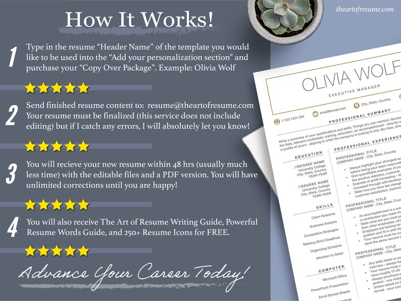 May include: A light blue resume template with gold accents. The template includes a section for the candidate's name, contact information, professional summary, education, skills, and professional experience. The text "How It Works!" is at the top of the page, followed by four numbered steps for creating a resume. The text "Advance Your Career Today!" is at the bottom of the page.
