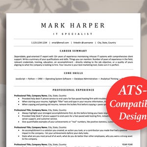 May include: A black and white resume template with the text "MARK HARPER" and "IT SPECIALIST" at the top. The resume includes a career summary, core skills, and professional experience sections. The text "ATS-Compatible Design" is in a red circle in the bottom right corner of the image.