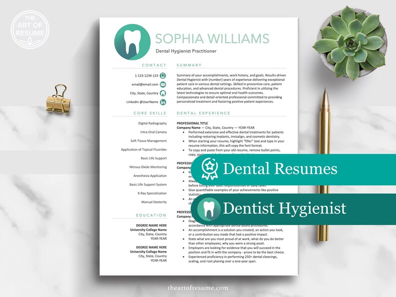 The Art of Resume | Dental Dentist Hygienist Resume CV Template Bundle Maker with Free Cover Letter | Download Dental Student Graduate Resume CV Design Any Job Career