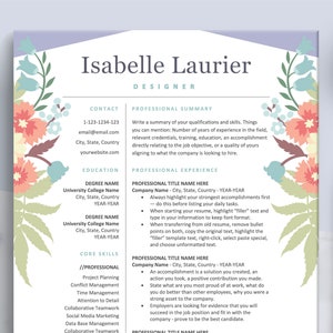 Creative Resume Templates Word & Mac Pages, Floral Resume Template, CV Template, Modern Resume Cover Letter, Designer Resume, Teacher Resume