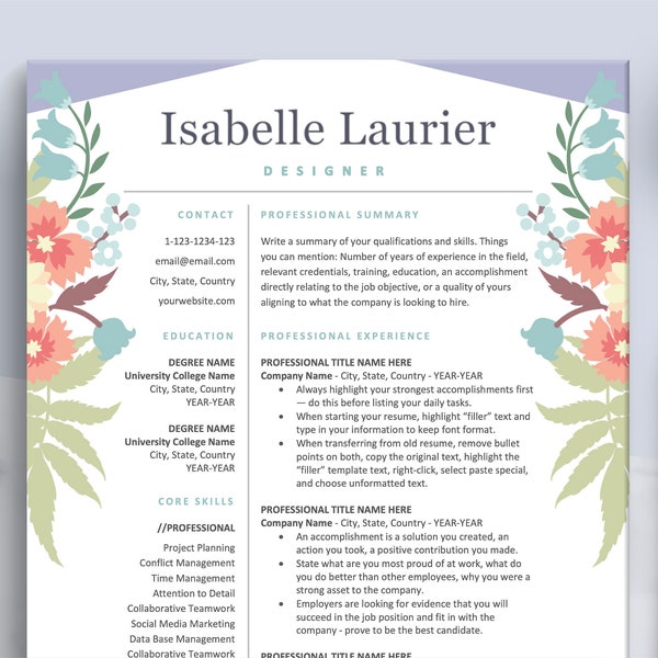 Creative Resume CV Template, Designer Resume, Fashion Resume, Colorful Resume Design, Elegant Resume Design Free Cover Letter, Resume Bundle