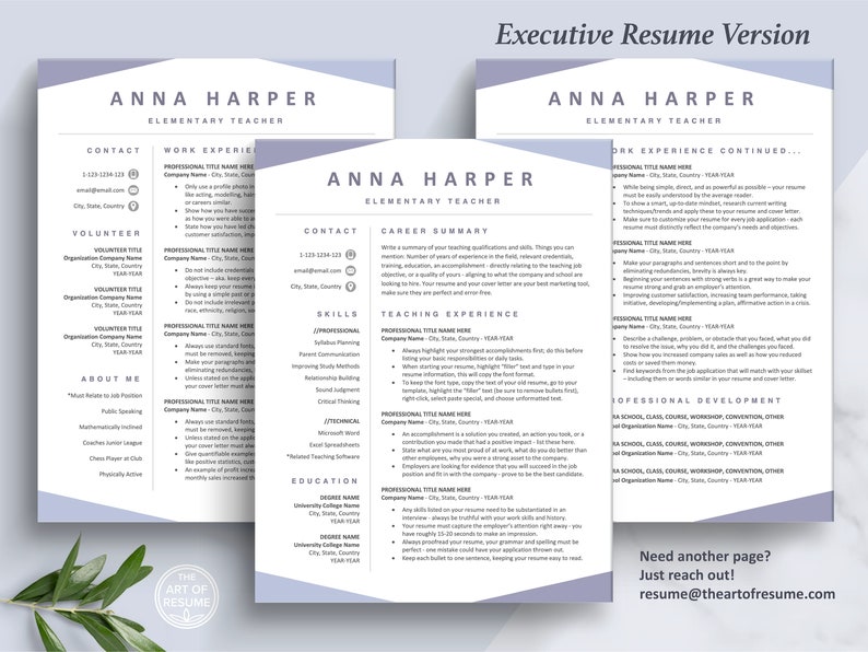 Pode incluir: Um modelo de curr&iacute;culo profissional em tons de azul e branco, com o nome "ANNA HARPER" e o t&iacute;tulo "ELEMENTARY TEACHER". O design inclui se&ccedil;&otilde;es para informa&ccedil;&otilde;es de contato, experi&ecirc;ncia de trabalho, habilidades e educa&ccedil;&atilde;o. O texto "Executive Resume Version" est&aacute; no topo.