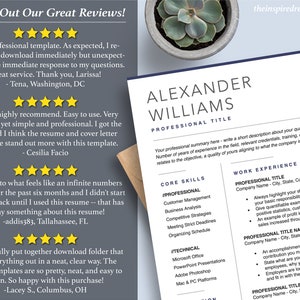 May include: A resume template with a professional design. The template includes a section for core skills, work experience, and a professional summary. The text "Check Out Our Great Reviews!" is at the top of the page. The template is designed to help job seekers create a professional resume.