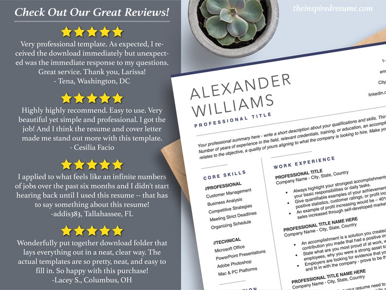May include: A resume template with a professional design. The template includes a section for core skills, work experience, and a professional summary. The text "Check Out Our Great Reviews!" is at the top of the page. The template is designed to help job seekers create a professional resume.