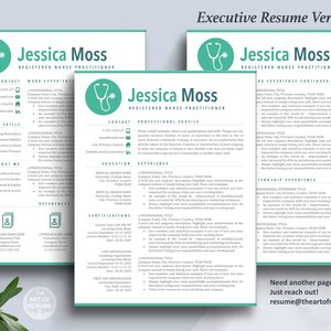 May include: A teal and white resume template with a stethoscope icon. The resume is for a Registered Nurse Practitioner named Jessica Moss. The template includes sections for contact information, work experience, soft skills, about me, education, certifications, and references.
