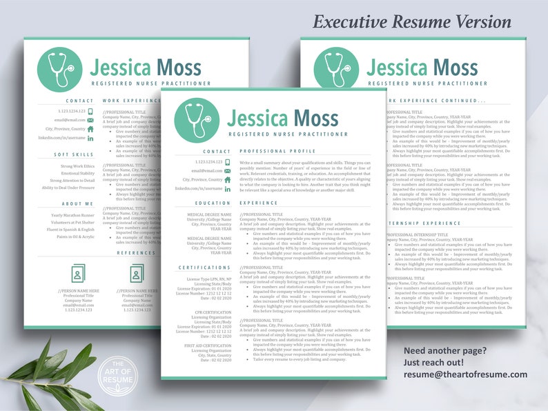 May include: A teal and white resume template with a stethoscope icon. The resume is for a Registered Nurse Practitioner named Jessica Moss. The template includes sections for contact information, work experience, soft skills, about me, education, certifications, and references.