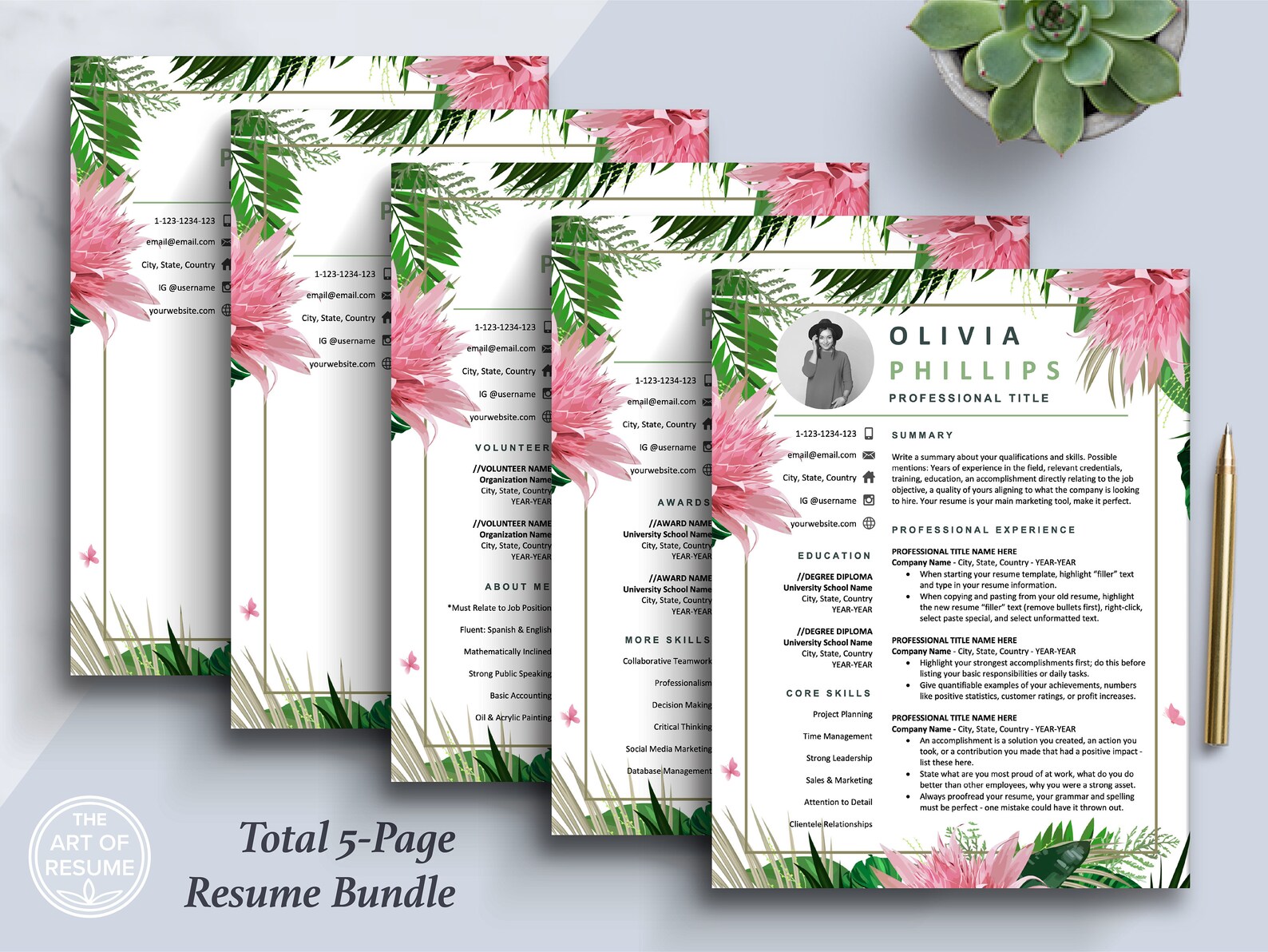 Creative Resume Template, Floral Resume, CV Template, Modern Resume ...