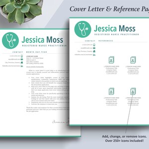 May include: A cover letter and reference page template for a registered nurse practitioner. The template features a stethoscope icon and the text "Jessica Moss, Registered Nurse Practitioner".