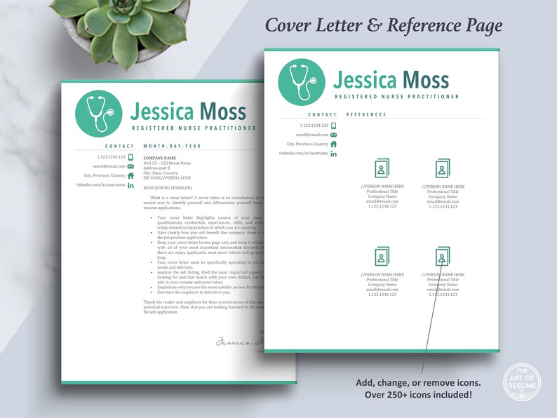 May include: A cover letter and reference page template for a registered nurse practitioner. The template features a stethoscope icon and the text "Jessica Moss, Registered Nurse Practitioner".