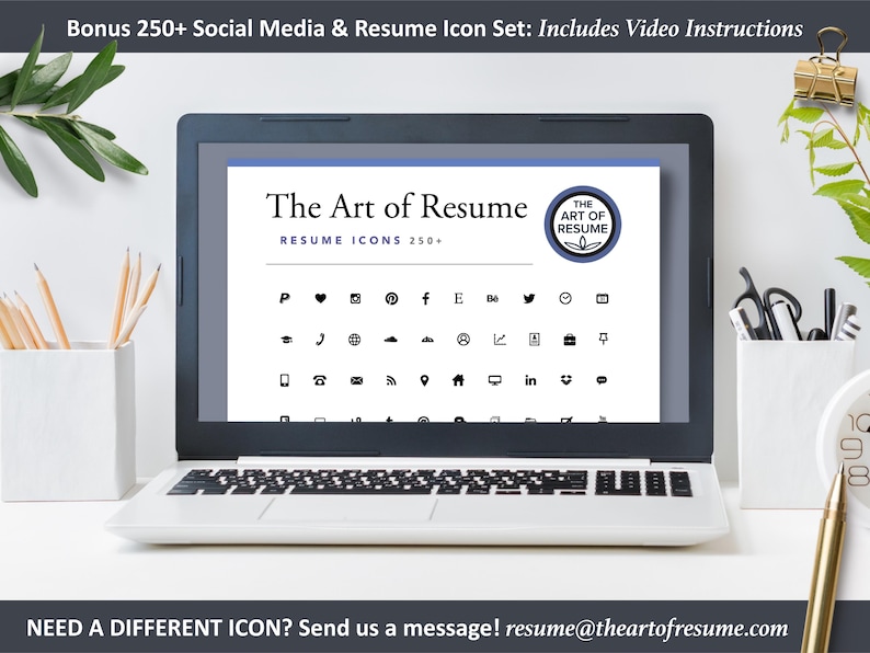 May include: A laptop computer screen displaying a set of 250+ social media and resume icons. The text on the screen reads "The Art of Resume" and "Resume Icons 250+". The screen also displays a logo for "The Art of Resume".