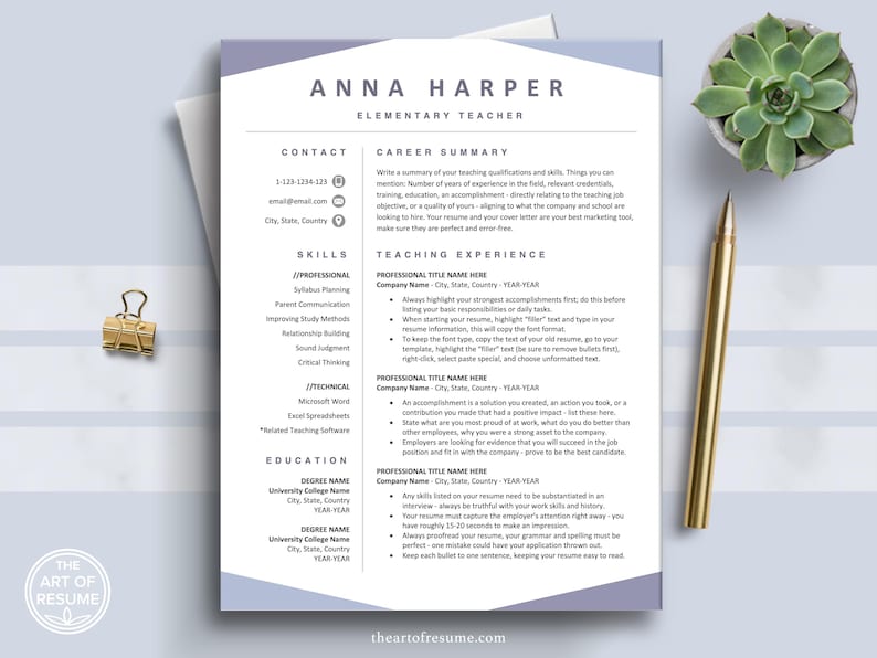 The Art of Resume | Professional Modern Executive Creative Teacher Purple Resume CV Template Bundle Maker with Free Cover Letter | Download Grey Resume CV Teaching Design Any Job Career