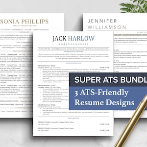 Op de afbeelding: Een blauwe en witte afbeelding met de tekst "SUPER ATS BUNDLE" en "3 ATS-Friendly Resume Designs" in witte tekst. De afbeelding is overlegd op een achtergrond van drie cv-sjablonen met de namen "Sonia Phillips", "Jack Harlow" en "Jennifer Williamson".