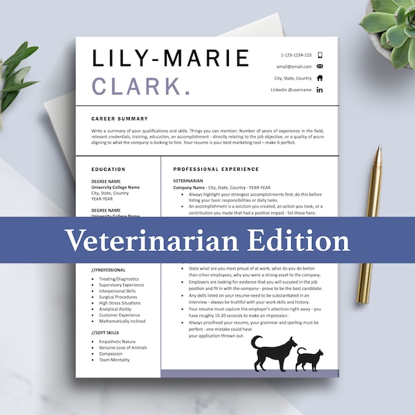 Veterinarian Resume, Vet Grad Resume Template for Word, Mac Pages, Veterinary Resume Design, Vet Graduate Student Cover Letter, CV Template