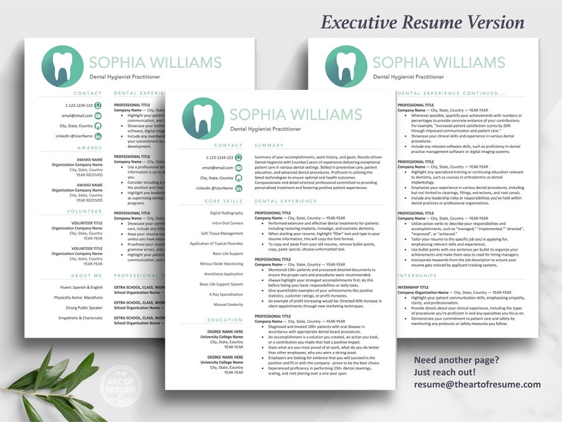 The Art of Resume | Professional Teal Dental Hygienist Dentist Resume Template Design Bundle | 3 Executive Page Resume CV Format