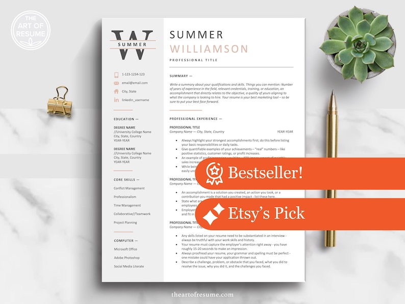 The Art of Resume | Professional Modern Executive Resume CV Template Bundle Maker with Free Cover Letter | Download Resume CV Design Any Job Career | Pink and Grey Template