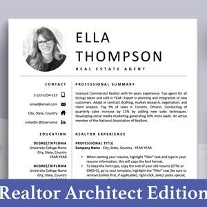 Realtor Resume Template with Photo Picture | Architect Resume CV Template, Real Estate Agent Resume, Interior Design, Construction, Housing