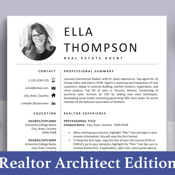 Realtor Resume Template with Photo Picture | Architect Resume CV Template, Real Estate Agent Resume, Interior Design, Construction, Housing