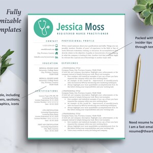 May include: A customizable resume template for a registered nurse practitioner. The template features a green stethoscope icon and the text "Jessica Moss, Registered Nurse Practitioner". The template includes sections for contact information, education, certifications, and professional experience.