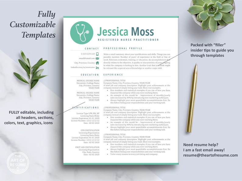 May include: A customizable resume template for a registered nurse practitioner. The template features a green stethoscope icon and the text "Jessica Moss, Registered Nurse Practitioner". The template includes sections for contact information, education, certifications, and professional experience.