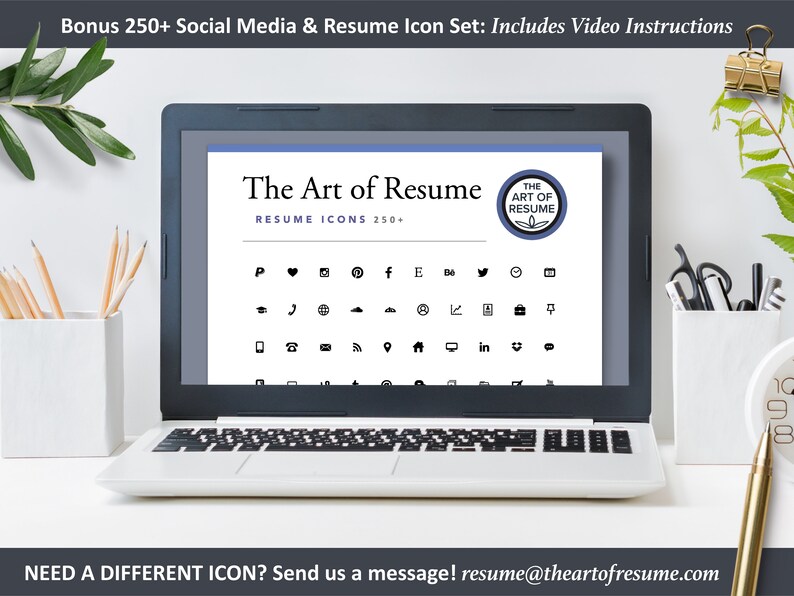 以下が含まれることがあります： 「The Art of Resume」というテキストと、ソーシャルメディアと履歴書のアイコンのコレクションが表示されたラップトップの画面。このウェブサイトでは、250以上のアイコンを提供しています。