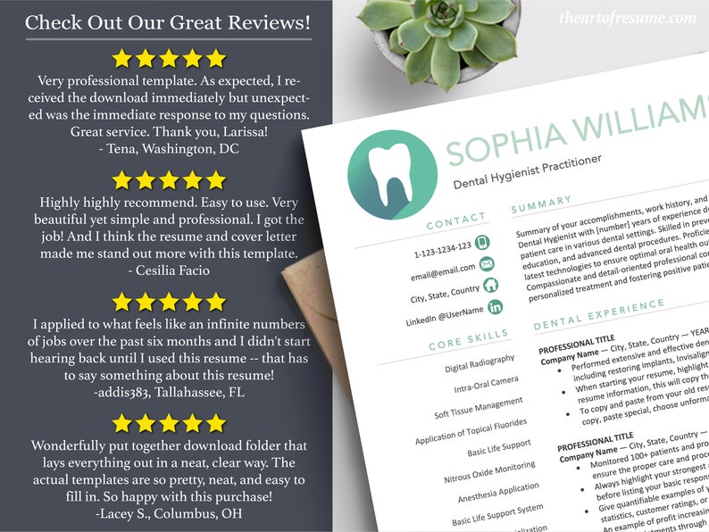 The Art of Resume | Professional Teal Dental Hygienist Dentist Resume Template Design Bundle | 5 Star Resume Template Reviews