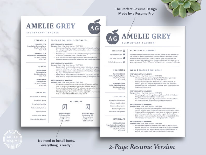 The Art of Resume Templates | Two Page Teacher Blue Grey Executive Resume CV Template | Curriculum Vitae