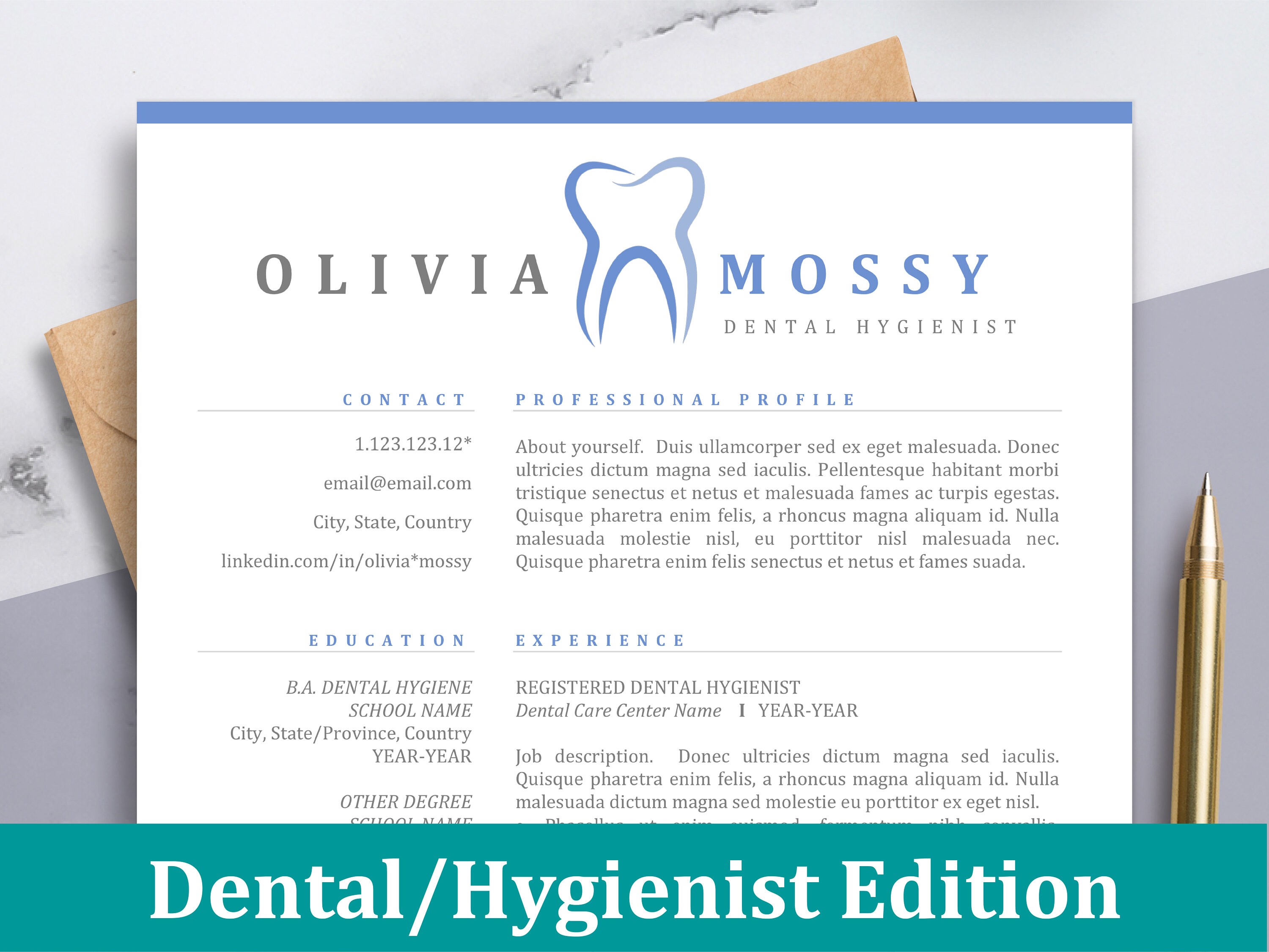 Hygienist Dental Resume Templates Dentist Resume With Cover - Etsy