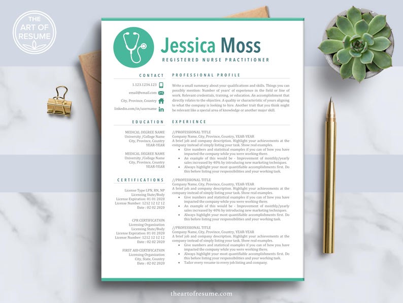 The Art of Resume | Professional Medical Nursing Doctor Teal Resume CV Template Bundle Maker with Free Cover Letter | Download Nurse Grad Student Green Resume CV Design Any Job Career