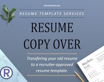 May include: A blue and white marble background with a white sheet of paper on top. The paper has a resume template with the text "Markus Felt" and "WORK TITLE" at the top. The text "RESUME COPY OVER" is in large black font on a light blue background. The text "Transfering your old resume to a recruiter-approved resume template." is below the large text. A gold pen is on the paper. A green branch with leaves is in the top left corner of the image. A white circle with a black "R" inside is in the bottom left corner of the image.