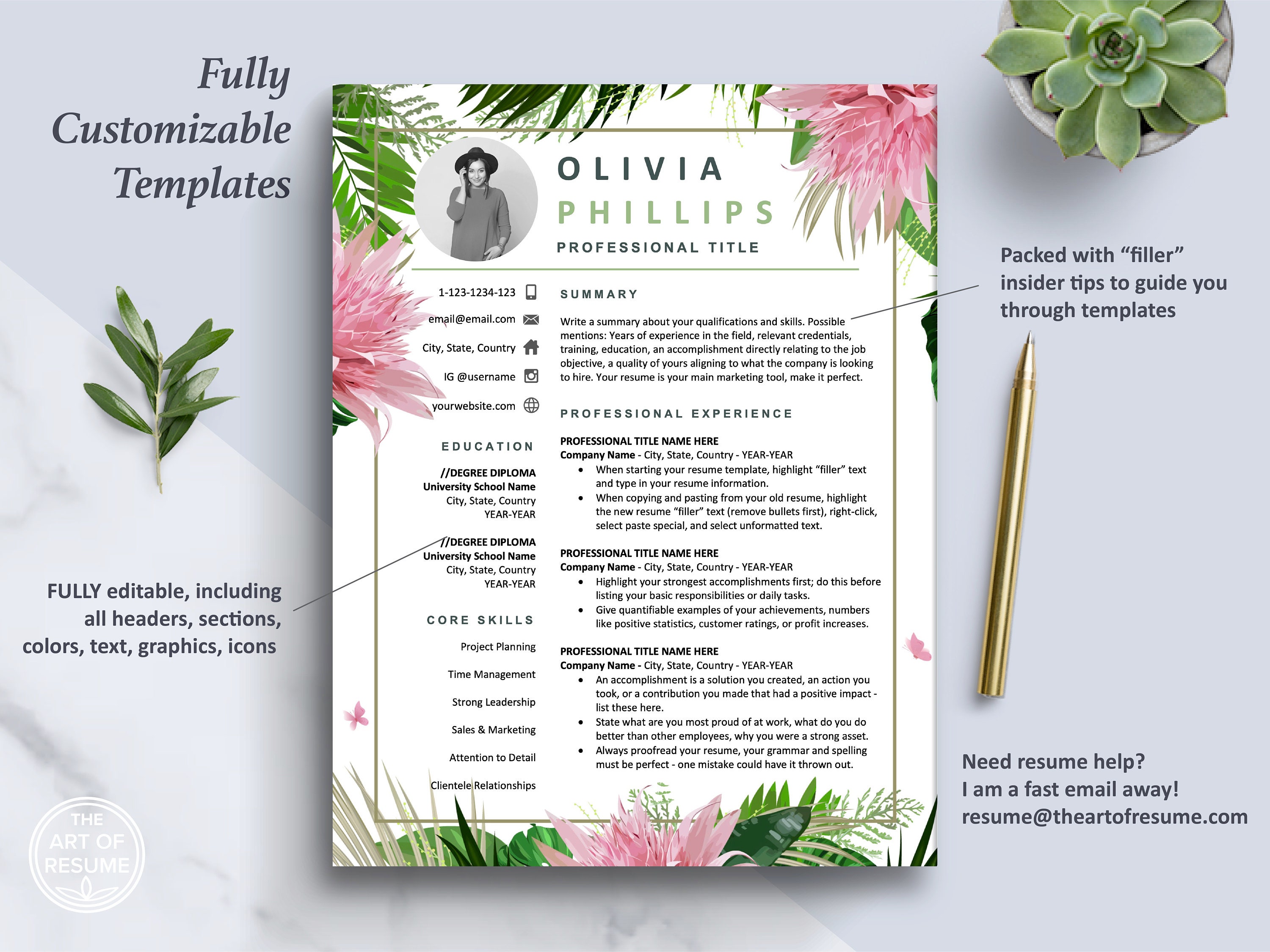 Creative Resume Template, Floral Resume, CV Template, Modern Resume ...