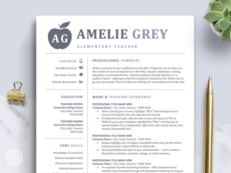 The Art of Resume Templates | Professional Teacher Blue Grey Resume CV Template | Curriculum Vitae for Apple Pages, Microsoft Word, Mac, PC