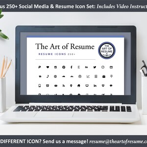 May include: A laptop screen displaying a website with the text "The Art of Resume" and a collection of social media and resume icons. The website offers over 250 icons.