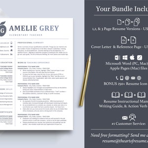 The Art of Resume Templates |  Professional  Teacher Blue Grey Resume CV Template Includes 3 Editable Resume Templates, Cover Letter, Reference Page, Mac, PC, A4 Paper, US size, Free Guide, The Art of Resume Writing, 250 Bonus Resume Icons