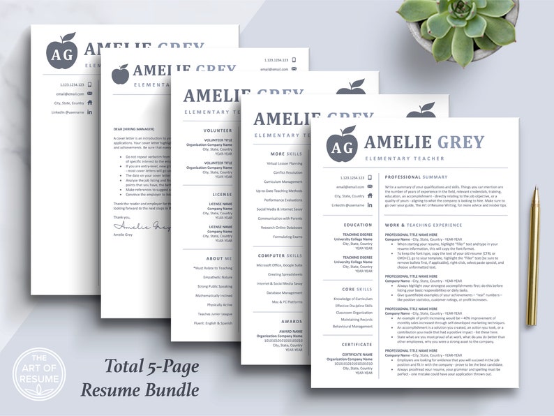 The Art of Resume Templates |  Creative Teacher Blue Grey Resume CV Design Bundle including matching cover letter and reference page