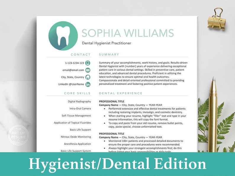 The Art of Resume | Professional Teal Dental Hygienist Dentist Resume Template Design Bundle