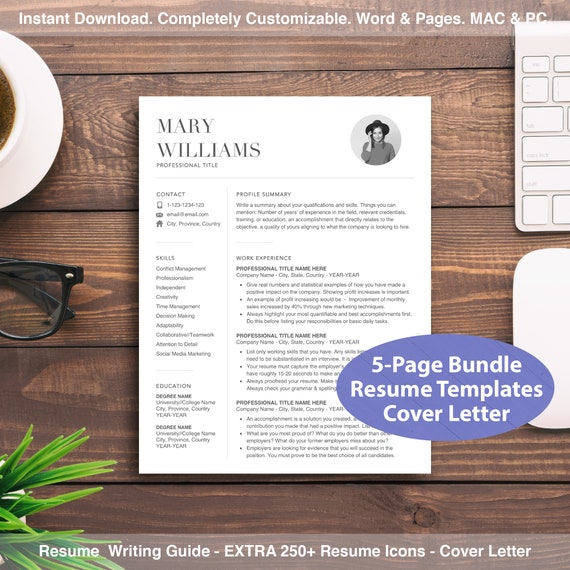 resume template instant download for word mac pages professional resume bundle resume and cover letter 1 2 3 page resume with photo word poto