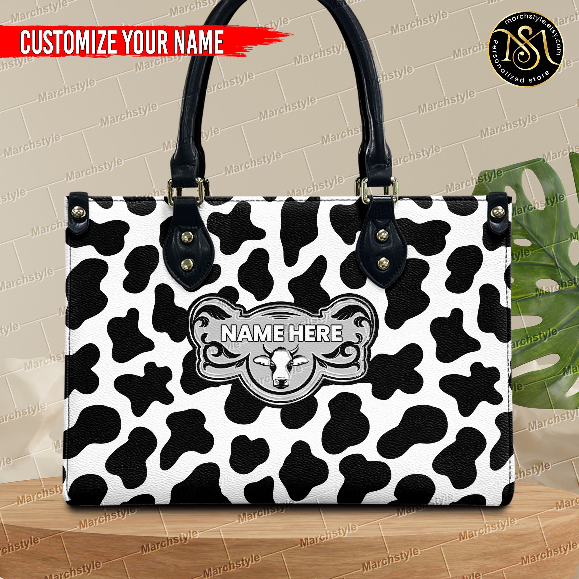 Discover Marchstyle - Personalized Leather Handbag with Cow Pattern Print, Custom Name for Cow Lover, Milk Cow Print Bag , Cow Wallet