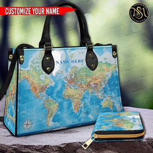 Märzstyle - Benutzerdefinierte Name Lederhandtasche & Geldbörse, Satellitenbild Weltkarte Brieftasche, Karte Handtasche, benutzerdefinierte Weltkarte Handtasche, Geschenk für Weltliebhaber