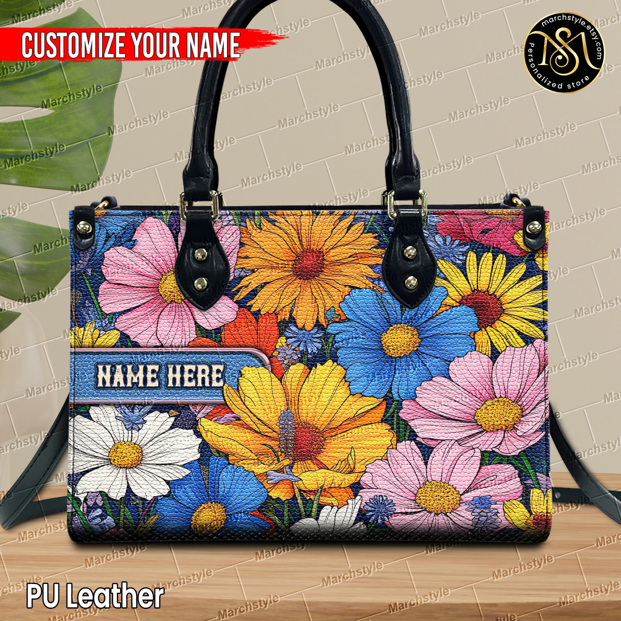 Discover Marchstyle - Personalized Leather Handbags & Wallets With Colorful Wildflower Patterns, Custom Name Wildflower Lover Bag, Flower Birthday