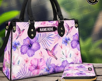 Bolso de mano personalizado con colibrí, monedero o cartera con nombre personalizado, bolso de hombro con estampado floral de hibisco, regalo tropical para mamá, bolso tote para mujer.