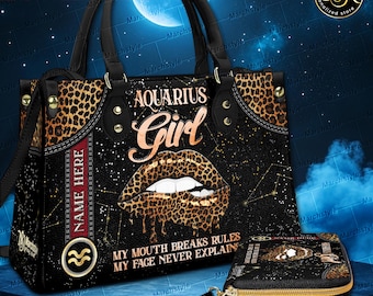 Bolso o cartera de cuero personalizado con chica Acuario, monedero con estampado de leopardo y labios, cartera con nombre personalizado.
