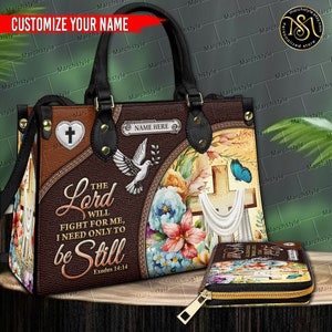 Marchstyle - Cartera y bolso de cuero personalizados con versículo bíblico, El Señor peleará por mí, solo necesito estar quieto, Cartera cristiana