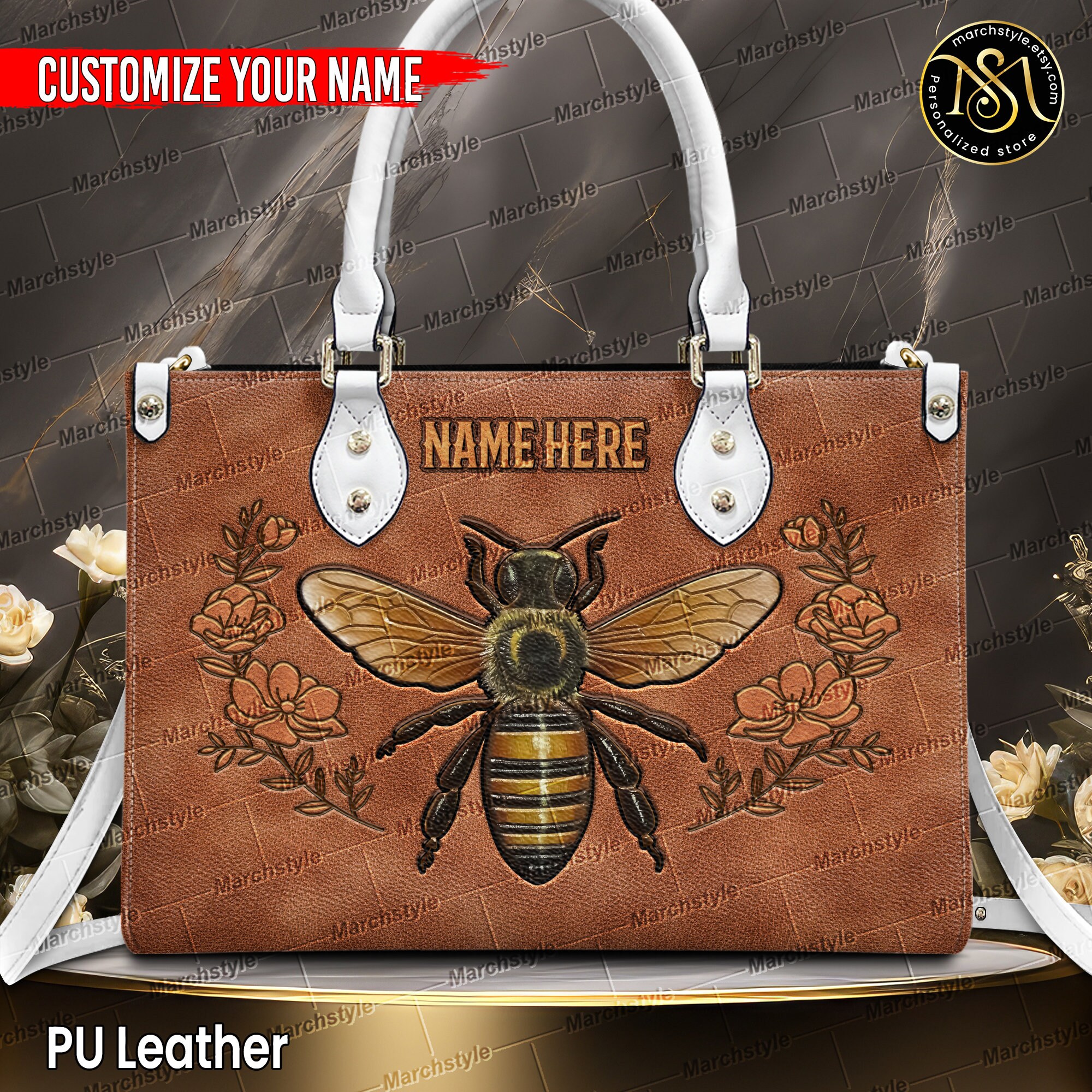 Discover Marchstyle - Personalized Leather Bag Vintage Beekeeping, Custom Name Queen Bee Leather Handbag, Queen Bee Handbag Wallet for Woman