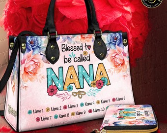 Bolso o billetera de cuero personalizado con flores bendecidas para el Día de la Madre, monedero familiar con varios nombres, nombre personalizado, título, mamá, abuela, hermana