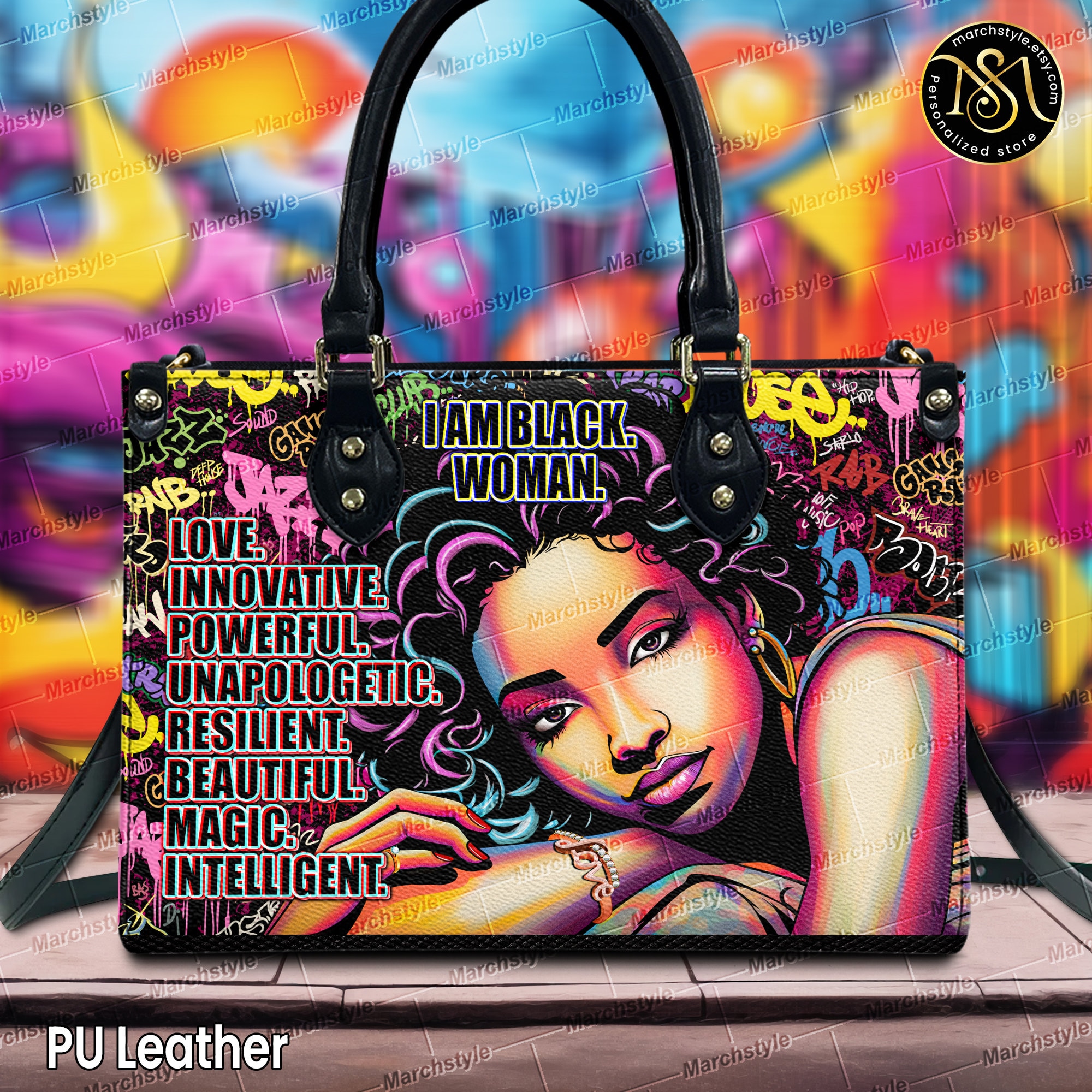 Discover Marchstyle - Leather Handbag Portrait Of Beautiful African American Girl With Positive Affirmations