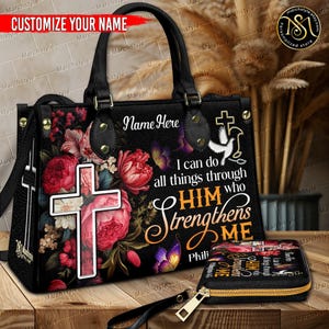 Marchstyle - Bolso y cartera de cuero personalizados con versículo bíblico: Todo lo puedo en Cristo que me fortalece. Cartera cristiana.