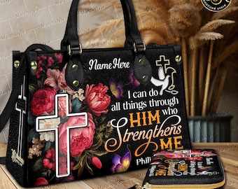 Bolso o cartera personalizada de piel sintética cristiana, monedero con versículo bíblico: Todo lo puedo en Cristo que me fortalece.
